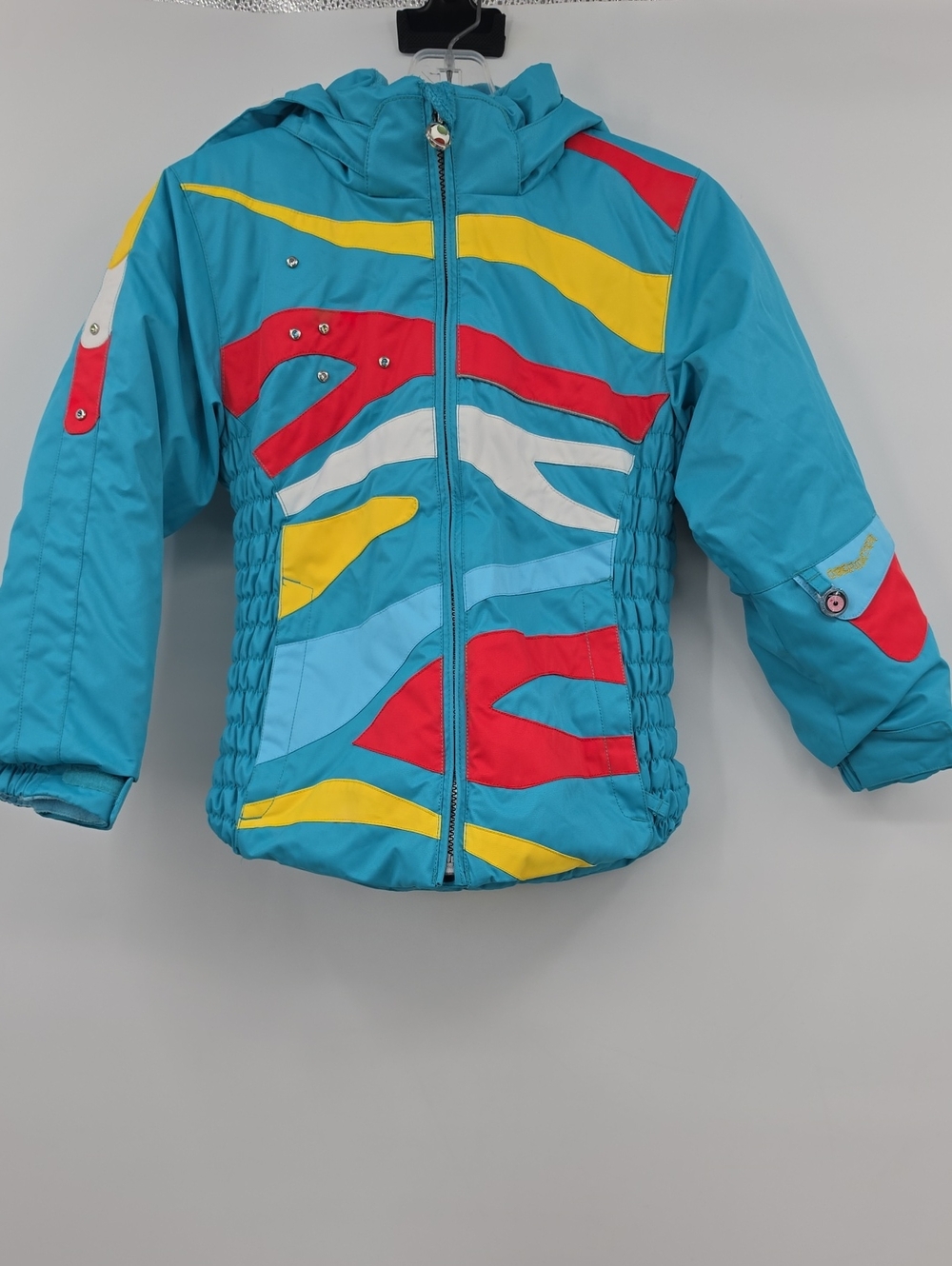 Obermeyer Girls Turquoise Blue Puffer Jacket with Colorful Embroidery Size 7